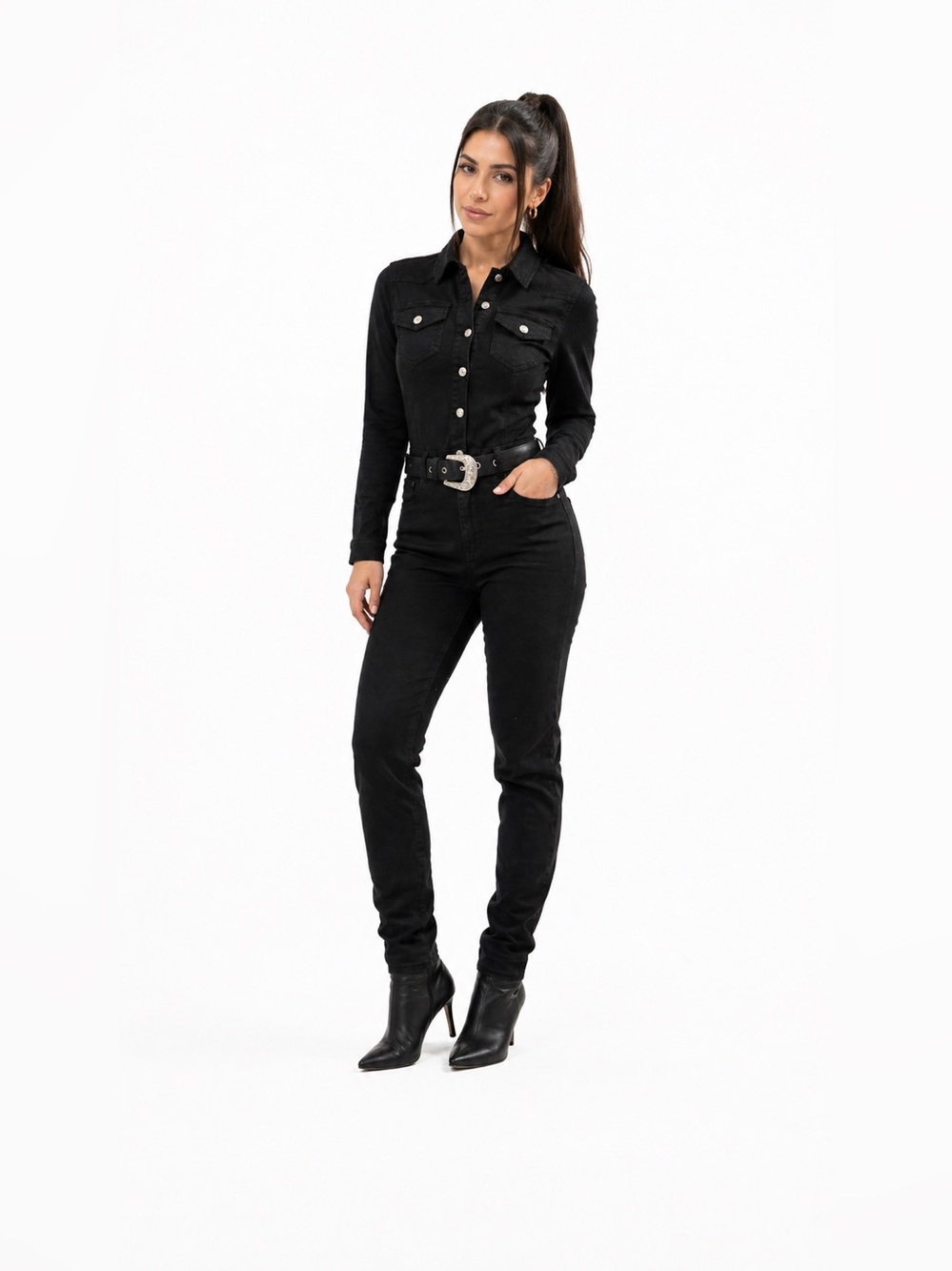Black Button-Front Denim Jumpsuit